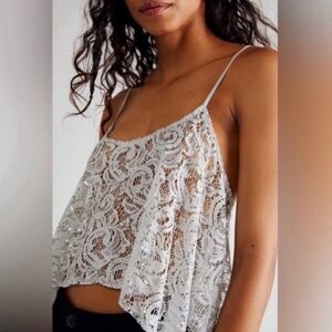 Free People FP Best Idea Sequin Lace Crop Top Racerback Assymetrical Silver XS